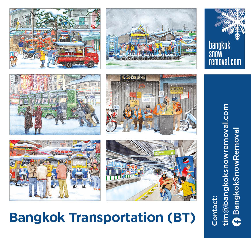 Six scenes highlighting the daily commute to work in Bangkok and how it might fare on a day buried in snow.
