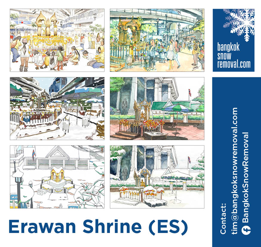 Six delightful artwork by four different local artists featuring Erawan Shrine, with and without snow.