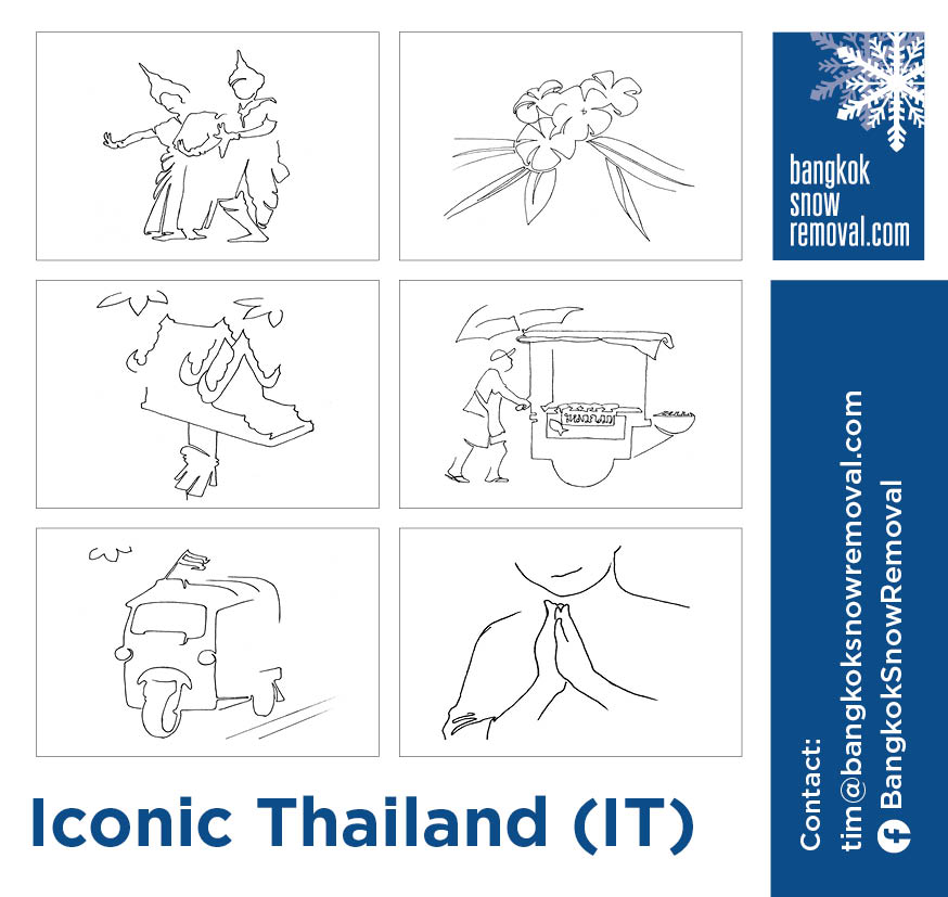 Six creative line drawings displaying iconic Thai images, skillfully drawn employing a lucky 5, 7 or 9 lines.