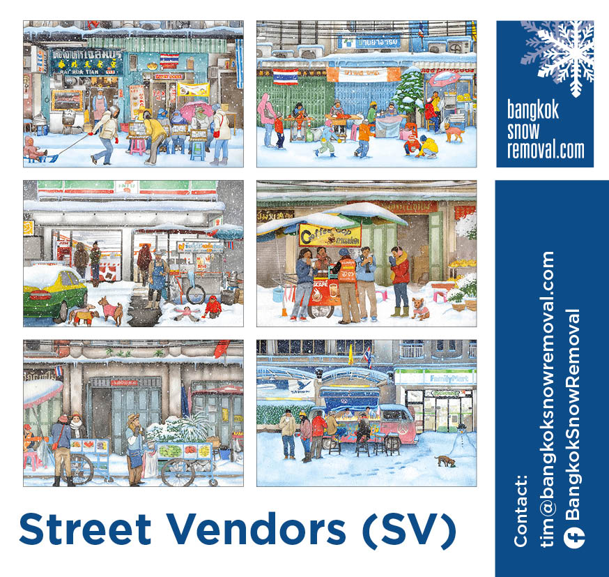 Six scenes depicting street vendors found throughout the city making day-to-day life in Bangkok vibrant and varied.