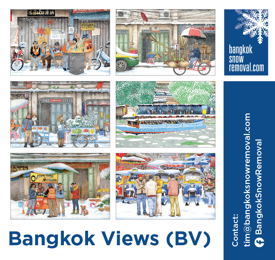 Six scenes featuring typical Bangkok city scenes imagined blanketed in a mantle of freshly fallen white snow.